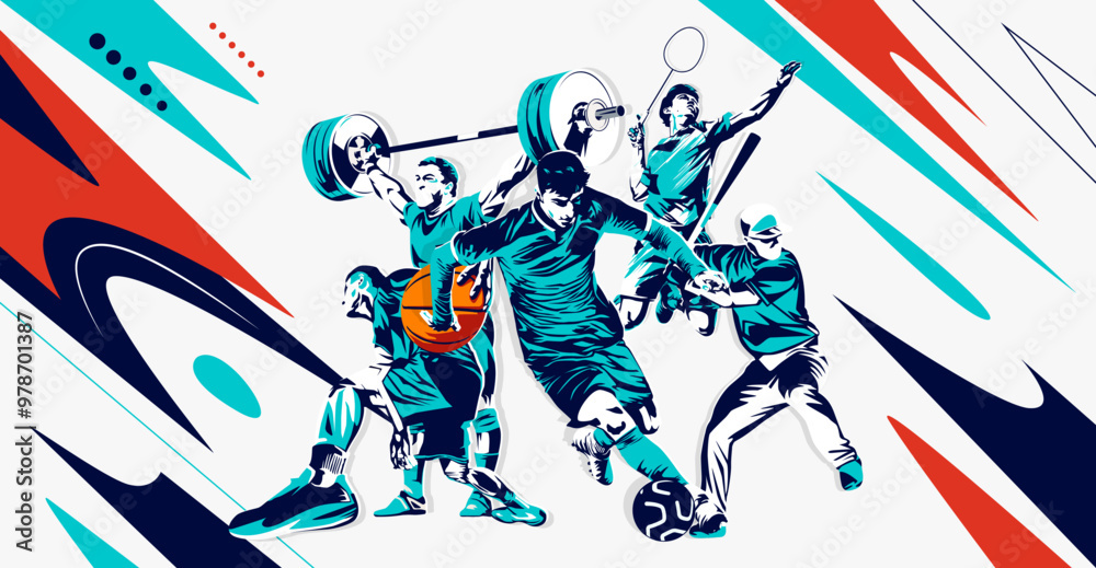 Obraz premium celebration of national sports day with athletes from football, badminton, basketball, weightlifting and base ball. National sports game concept. grunge style athlete silhouette. Healthy exercise
