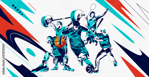 celebration of national sports day with athletes from football, badminton, basketball, weightlifting and base ball. National sports game concept. grunge style athlete silhouette. Healthy exercise