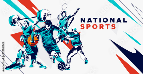 celebration of national sports day with athletes from football, badminton, basketball, weightlifting and base ball. National sports game concept. grunge style athlete silhouette. Healthy exercise