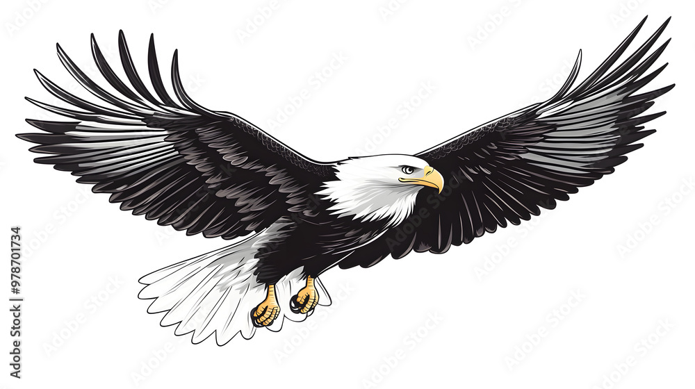 Obraz premium A vector of a soaring eagle with sharp black outlines and a white body, designed for corporate logos, banners, or outdoor-themed advertisements.