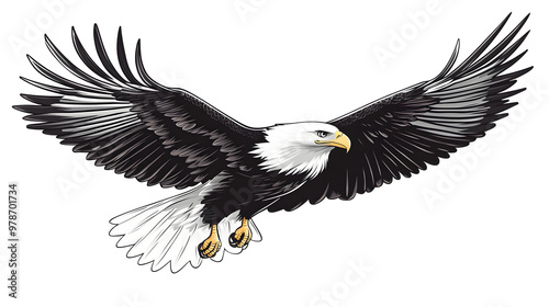 A vector of a soaring eagle with sharp black outlines and a white body, designed for corporate logos, banners, or outdoor-themed advertisements.