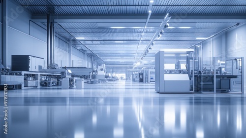 Wide shot of a factory environment, highlighting advanced machinery and a clean, organized workspace