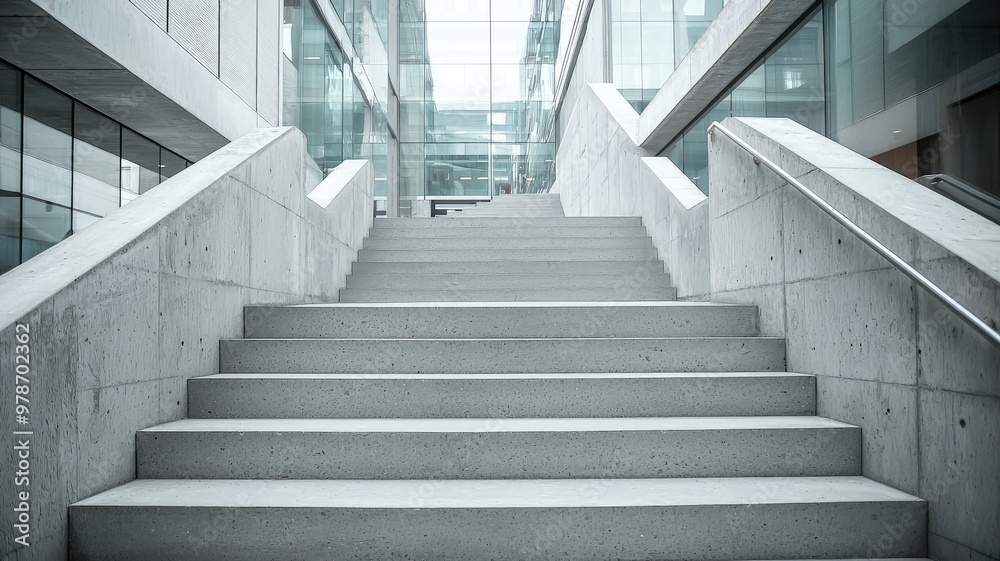 Modern concrete stairs lead upward in a bright, minimalist architecture space showcasing sleek lines and glass elements. Modern concrete stairs lead upward in a bright, minimalist architecture space showcasing sleek lines and glass elements.