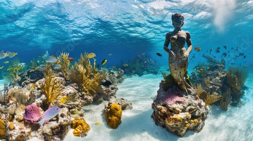 A wide-angle view of the Bahamian underwater statue, enveloped by the ocean's crystal-clear waters and colorful sea life. photo