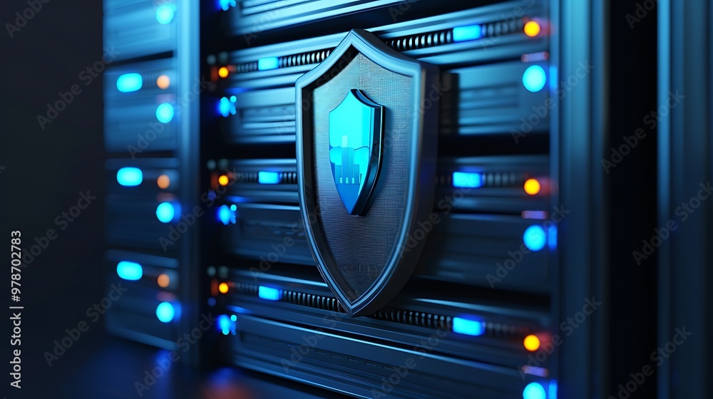 A modern data server featuring a security shield, symbolizing advanced protection and technology in the digital age. A modern data server featuring a security shield, symbolizing advanced protection and technology in the digital age.