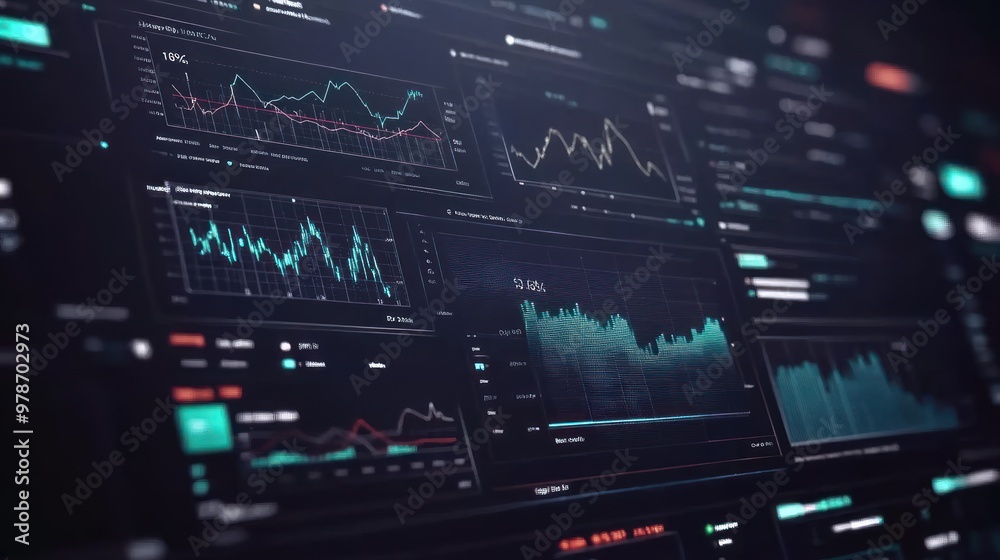 Digital dashboard displaying financial data and analytics with various graphs and charts. Digital dashboard displaying financial data and analytics with various graphs and charts.