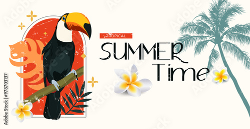 It's summer time with vector illustrations of coconut trees and tropical birds perched and white frangipani flower ornaments, a design with a summer concept and retro style