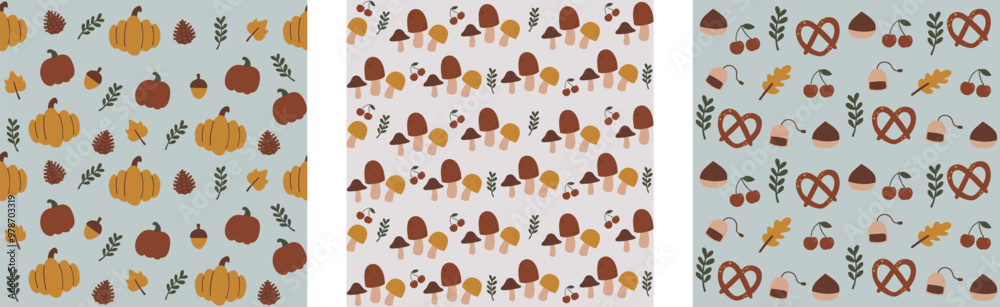 Fototapeta premium Hand drawn seamless pattern illustration collection set of cute autumn holiday. Pastel hand drawn concept. For wallpaper, texture, background, gift wrap, print, background, textile, card