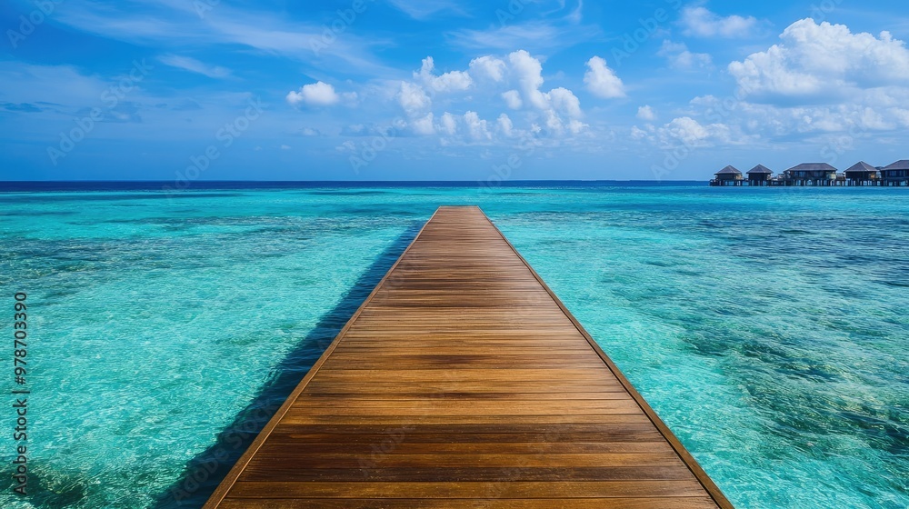 A wooden jetty extending over a crystal-clear lagoon in the Maldives, with overwater villas in the distance. A wooden jetty extending over a crystal-clear lagoon in the Maldives, with overwater villas in the distance.