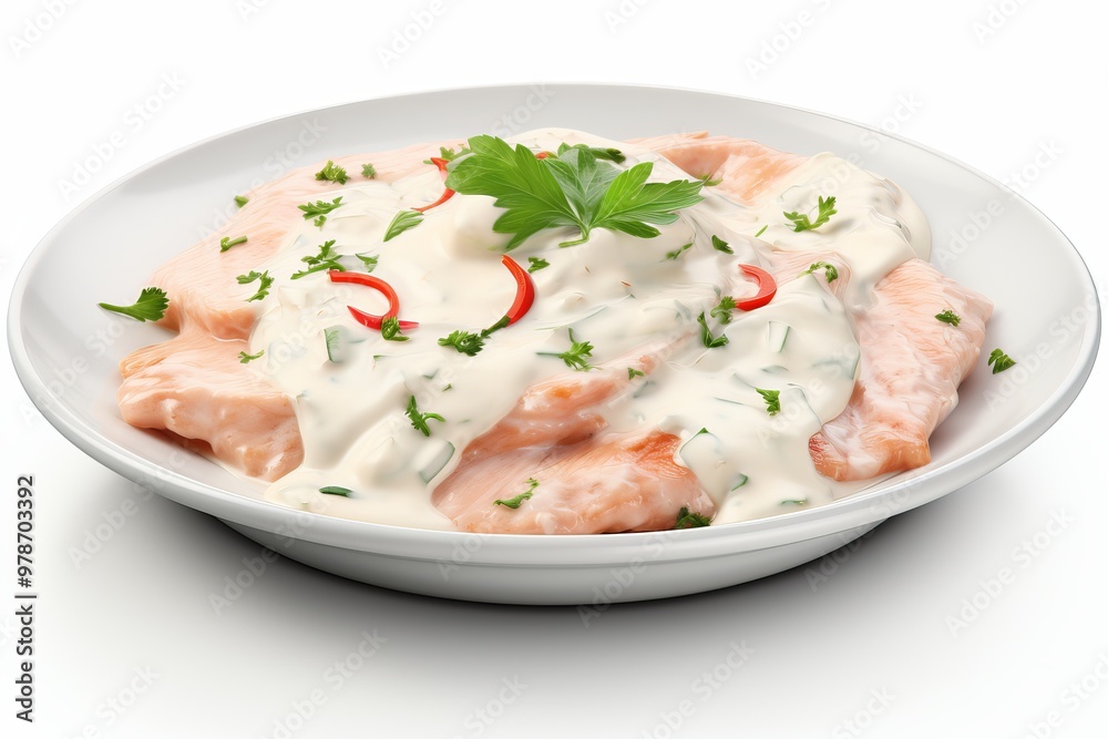 Creamy chicken dish with herbs and chilies served on a white plate for a delightful meal Creamy chicken dish with herbs and chilies served on a white plate for a delightful meal