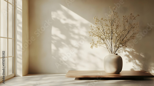 Minimalist Interior Design with Dried Flowers in a Vase on a Wooden Platform