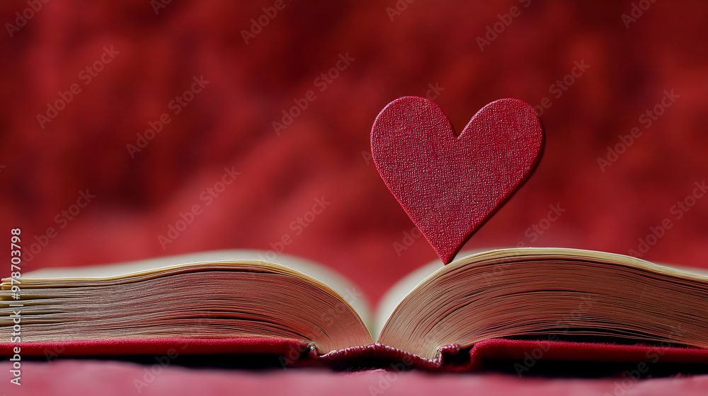 A Red Heart Stands on Top of an Open Book with Red Blurred Background A Red Heart Stands on Top of an Open Book with Red Blurred Background