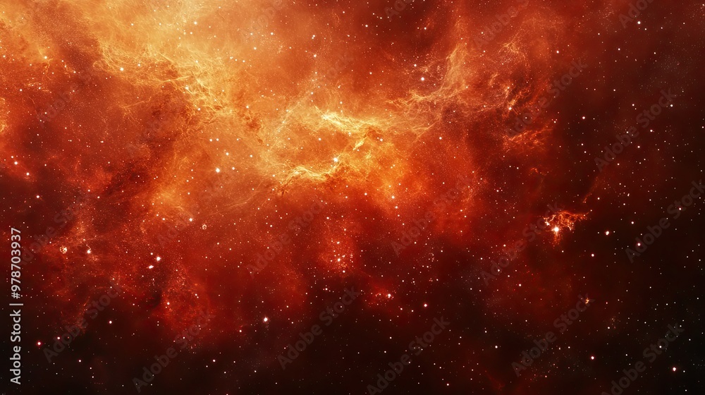 Naklejka premium Abstract cosmic nebula in shades of red and orange, with stars twinkling against the deep blackness of space