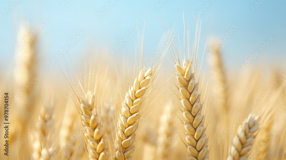 Close-up of golden wheat stalks against a clear blue sky.