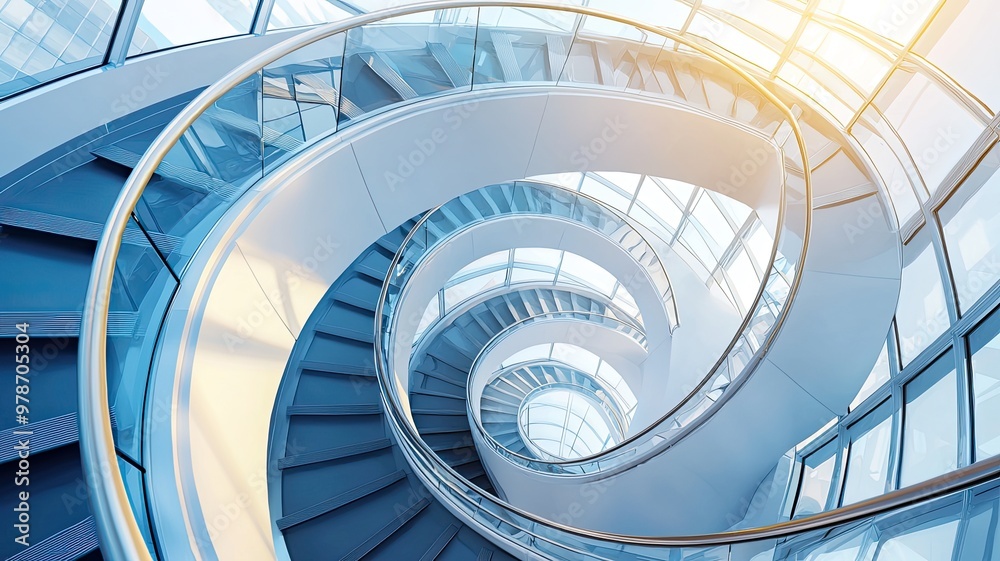 Obraz premium Stunning spiral staircase in modern architecture, showcasing elegance and light through glass, perfect for interior and design themes.