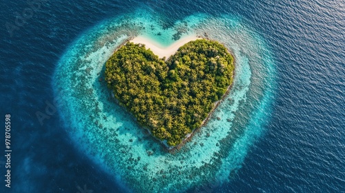 Aerial view of a heart-shaped island surrounded by vibrant coral reefs in the Maldives.