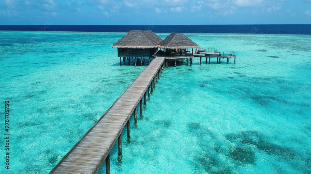 Aerial view of a long boardwalk leading to luxury villas on a Maldivian atoll surrounded by turquoise water. Aerial view of a long boardwalk leading to luxury villas on a Maldivian atoll surrounded by turquoise water.