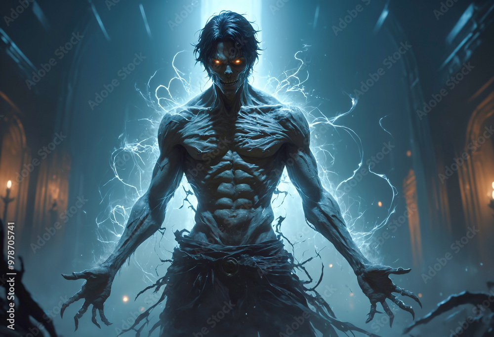 A powerful vampire with glowing red eyes stands in the darkness, surrounded by electrical energy. Generative AI A powerful vampire with glowing red eyes stands in the darkness, surrounded by electrical energy. Generative AI