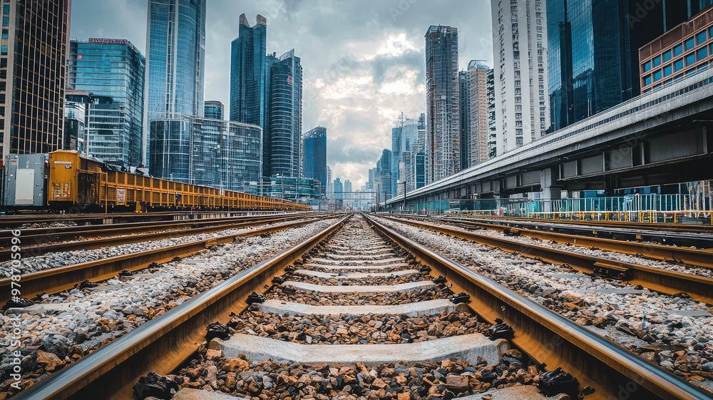 Urban landscape featuring railway tracks surrounded by tall skyscrapers under a cloudy sky, symbolizing city life and connectivity. Urban landscape featuring railway tracks surrounded by tall skyscrapers under a cloudy sky, symbolizing city life and connectivity.