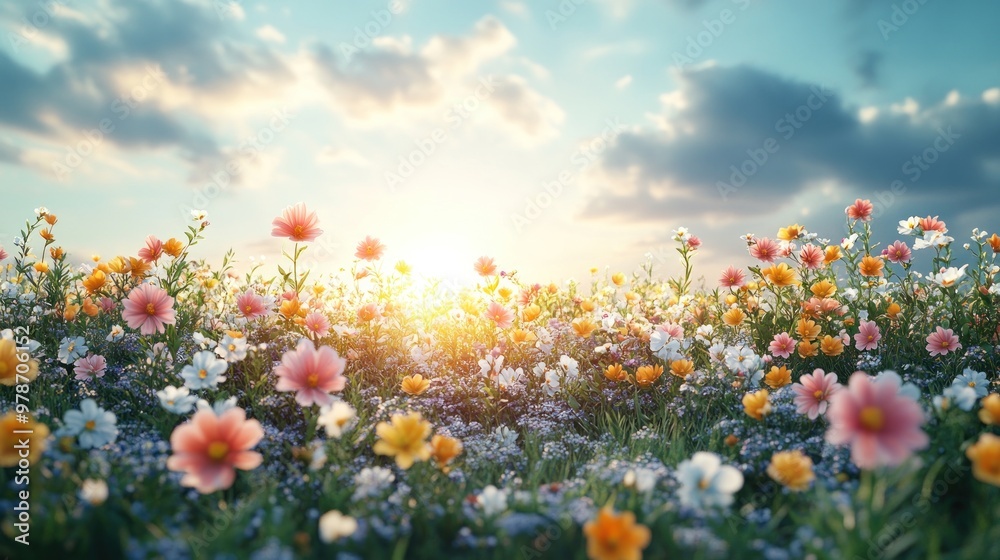 A vibrant flower field at sunrise, showcasing nature's beauty. A vibrant flower field at sunrise, showcasing nature's beauty.