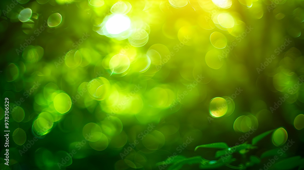Fototapeta premium Abstract Green Bokeh Background with Blurred Lights and Sunlight