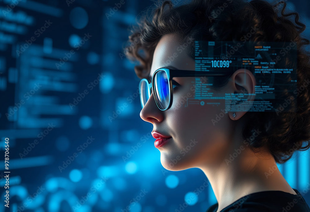 Profile of a young white curly woman wearing glasses, with digital code integration merging into her face Profile of a young white curly woman wearing glasses, with digital code integration merging into her face