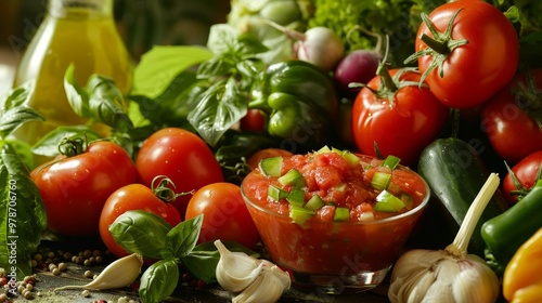 Bowl of Summer Freshness Vibrant Vegetable Medley Surrounding Appetizing Salsa with Basil, Tomatoes, Peppers, and Garlic. Juicy and Colorful Ingredients for a Festive Meal Preparation