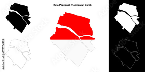 Kota Pontianak blank outline map set photo