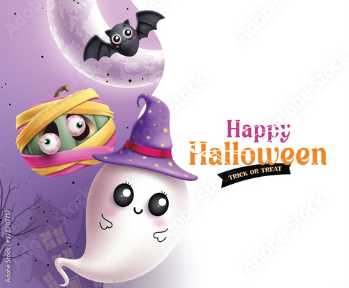 Happy halloween text vector design. Halloween trick or treat greeting card in purple and white background with cute ghost character wearing witch hat, funny mummy pumpkin and bat elements. Vector 