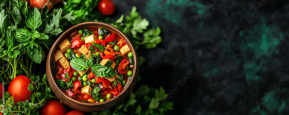 A vibrant vegetable soup bursting with color and freshness, garnished with herbs, perfect for healthy eating. A vibrant vegetable soup bursting with color and freshness, garnished with herbs, perfect for healthy eating.
