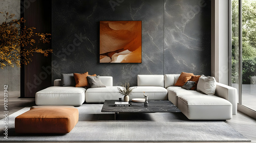 Modern Living Room Interior Design with White Sofa, Black Marble Coffee Table and Abstract Artwork
