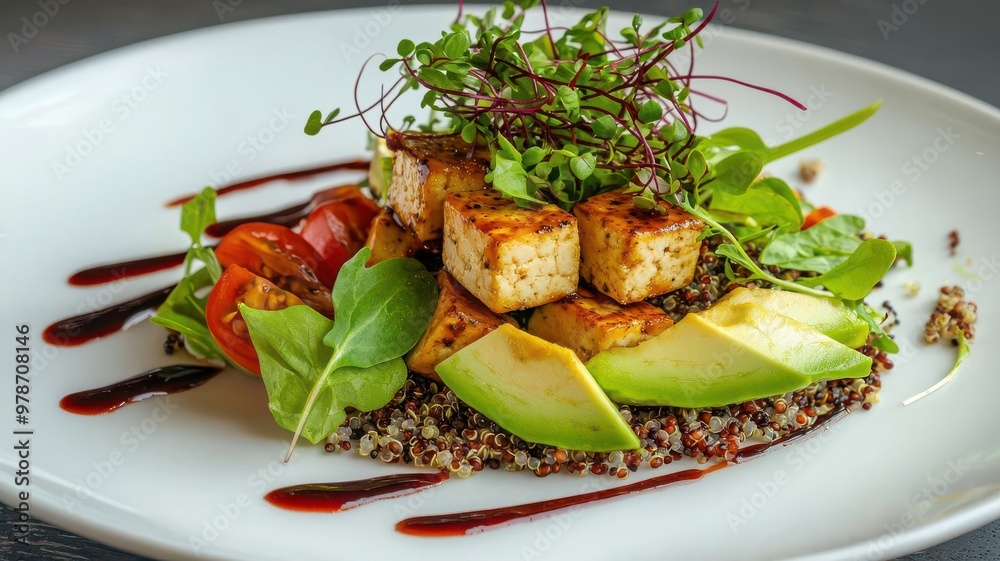Beautifully plated organic tofu salad with quinoa, avocado, and microgreens, elegant restaurant presentation Beautifully plated organic tofu salad with quinoa, avocado, and microgreens, elegant restaurant presentation