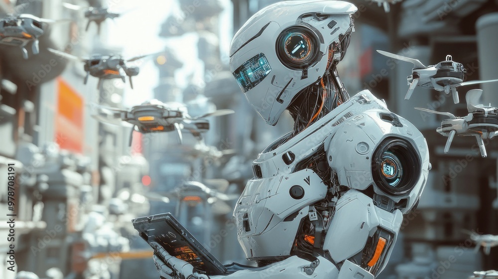 Fototapeta premium An advanced humanoid robot surrounded by drones and smart gadgets, illustrating the future of technology.