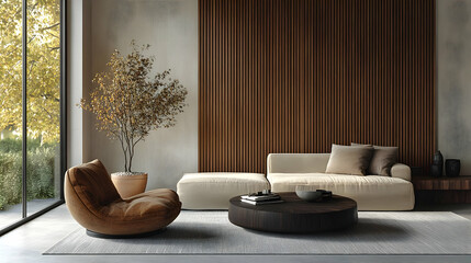 Modern Living Room Interior Design with Brown Leather Chair, Beige Sofa and Wooden Wall Panels - 3D Render Illustration, Stylish scandinavian living room with design