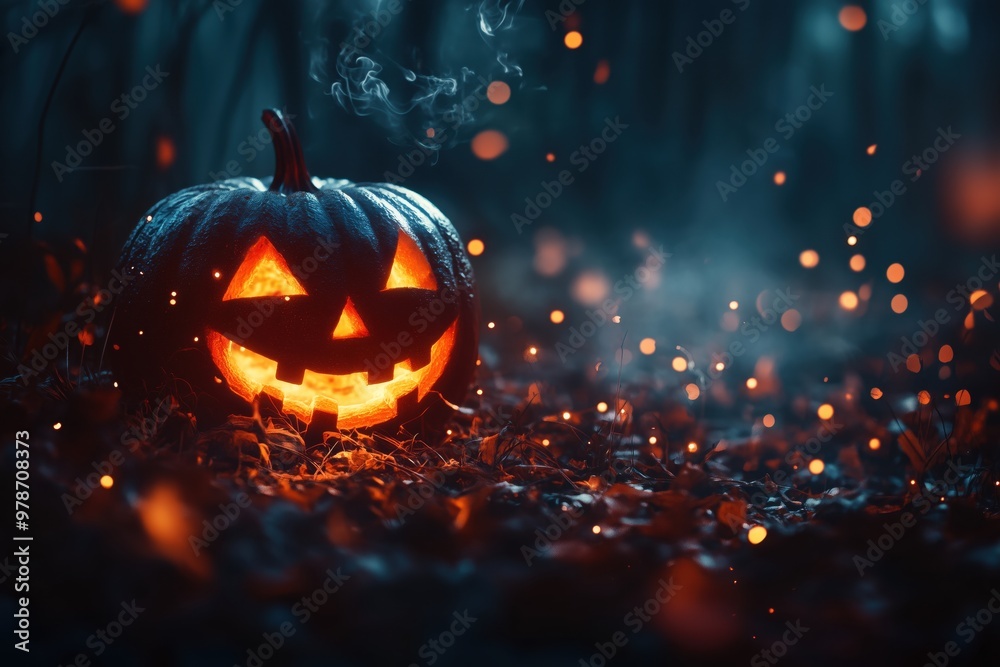 A bonfire is burning on a pumpkin patch on Halloween in the moonlight. Halloween night in a creepy forest. A bonfire is burning on a pumpkin patch on Halloween in the moonlight. Halloween night in a creepy forest.