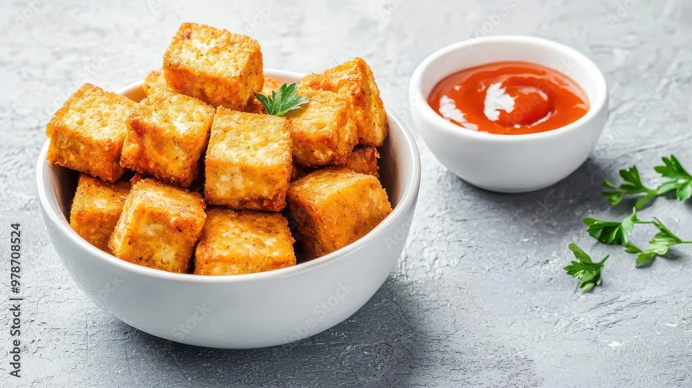 Closeup of crispy organic tofu bites served with homemade dipping sauces, neutral background, modern minimalist style Closeup of crispy organic tofu bites served with homemade dipping sauces, neutral background, modern minimalist style