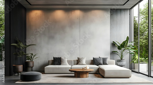 Modern Living Room Interior Design with Concrete Wall and Plants
