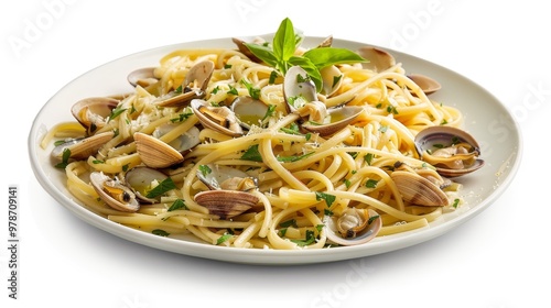 From Above Spaghetti with Clams and Basil in Simple Composition Highlighting Texture, Colors, and Fresh Ingredients - A Delicious Italian Dish Captured in Warm and Inviting Tones with Natural Lighting photo