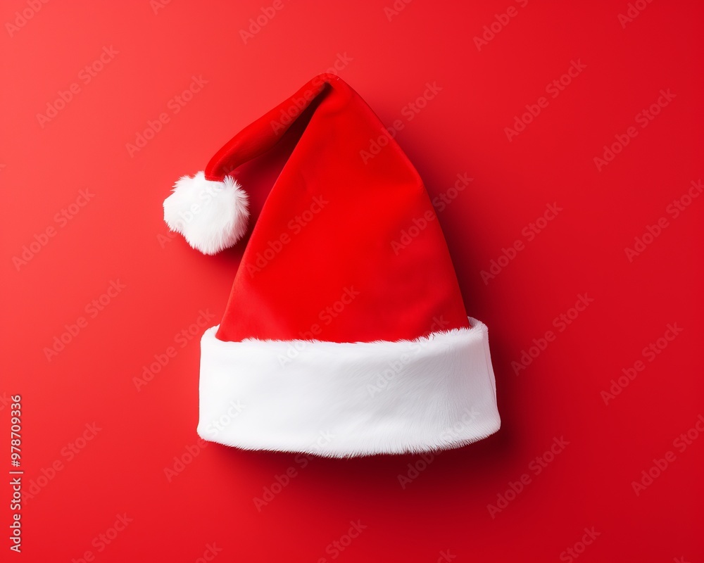 Classic red Christmas hat on a bright red background for holiday celebrations