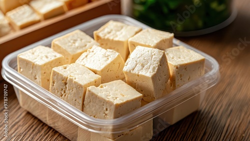 Preseasoned tofu cubes in a plastic tray with clear lid, industrial food packaging closeup photo