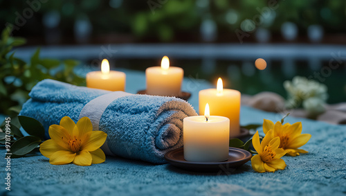 A calm and soothing arrangement of four white candles, lit with a steady flame. The candles are placed on a soft, light blue fabric that adds a calming backdrop.