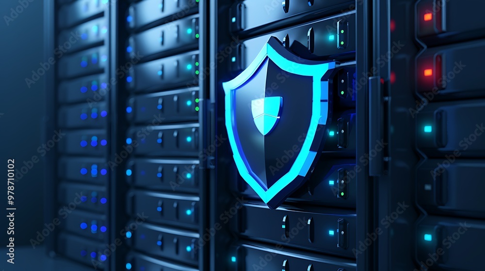 A secure server room featuring a glowing shield, symbolizing data protection and cybersecurity in a modern digital environment. A secure server room featuring a glowing shield, symbolizing data protection and cybersecurity in a modern digital environment.