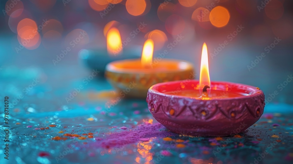 Happy Diwali - Clay Diya lamps lit during Diwali, Hindu festival of lights celebration. Colorful traditional oil lamp diya on red background Happy Diwali - Clay Diya lamps lit during Diwali, Hindu festival of lights celebration. Colorful traditional oil lamp diya on red background