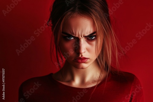 A Woman Angry Expression Captured Against a Vibrant Red Background. Female face full of anger