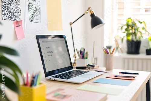 A vibrant workspace showcases a sleek desk adorned with vivid supplies, an uplifting quote, and an open laptop, all set for creativity and productivity. photo