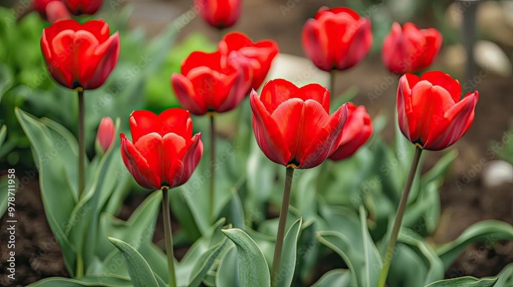 Bright red tulips blooming in a garden, creating a beautiful floral background with green leaves Bright red tulips blooming in a garden, creating a beautiful floral background with green leaves