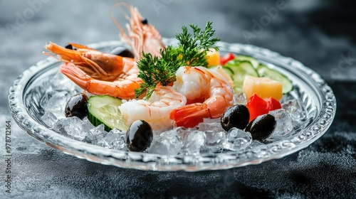 Chilled glass plate with shrimp, olives, and vegetables on a bed of ice, creating a fresh and appetizing seafood dish