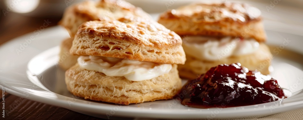 Perspective Close-Up Fluffy Brown Biscuits with Cream and Jam on White Plate - Warm and Inviting Composition of Indulgence and Comfort Perspective Close-Up Fluffy Brown Biscuits with Cream and Jam on White Plate - Warm and Inviting Composition of Indulgence and Comfort