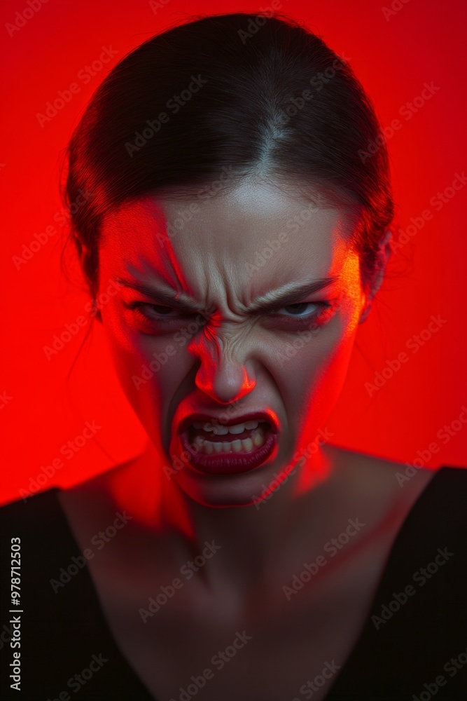 A Woman Angry Expression Captured Against a Vibrant Red Background. Female face full of anger A Woman Angry Expression Captured Against a Vibrant Red Background. Female face full of anger