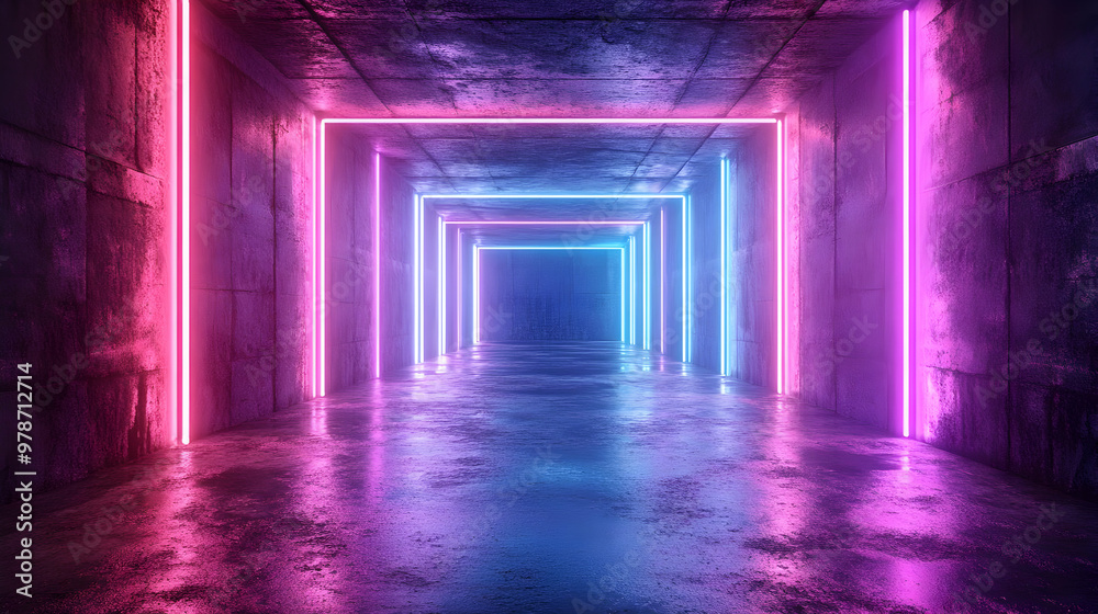 Neon Lights in a Concrete Tunnel 3D Illustration Neon Lights in a Concrete Tunnel 3D Illustration